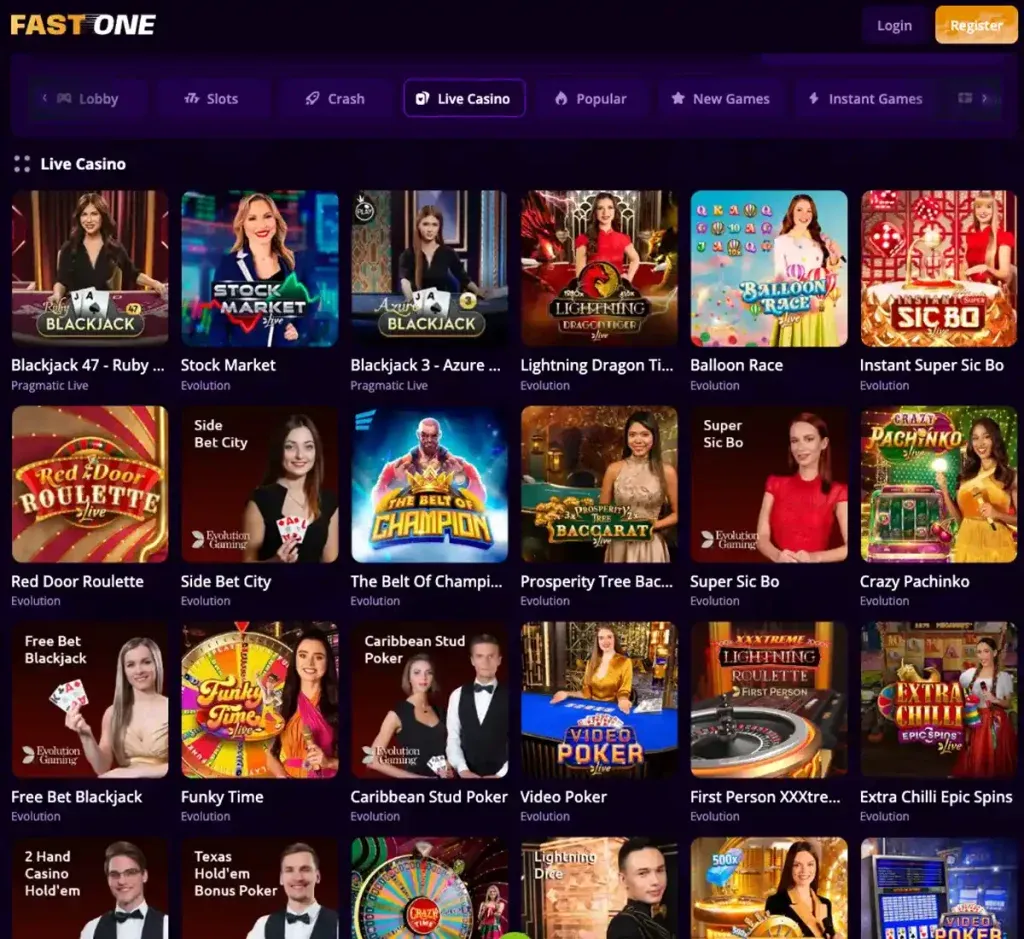 Widok lobby gier stołowych i rozgrywek na żywo w serwisie F1 Casino