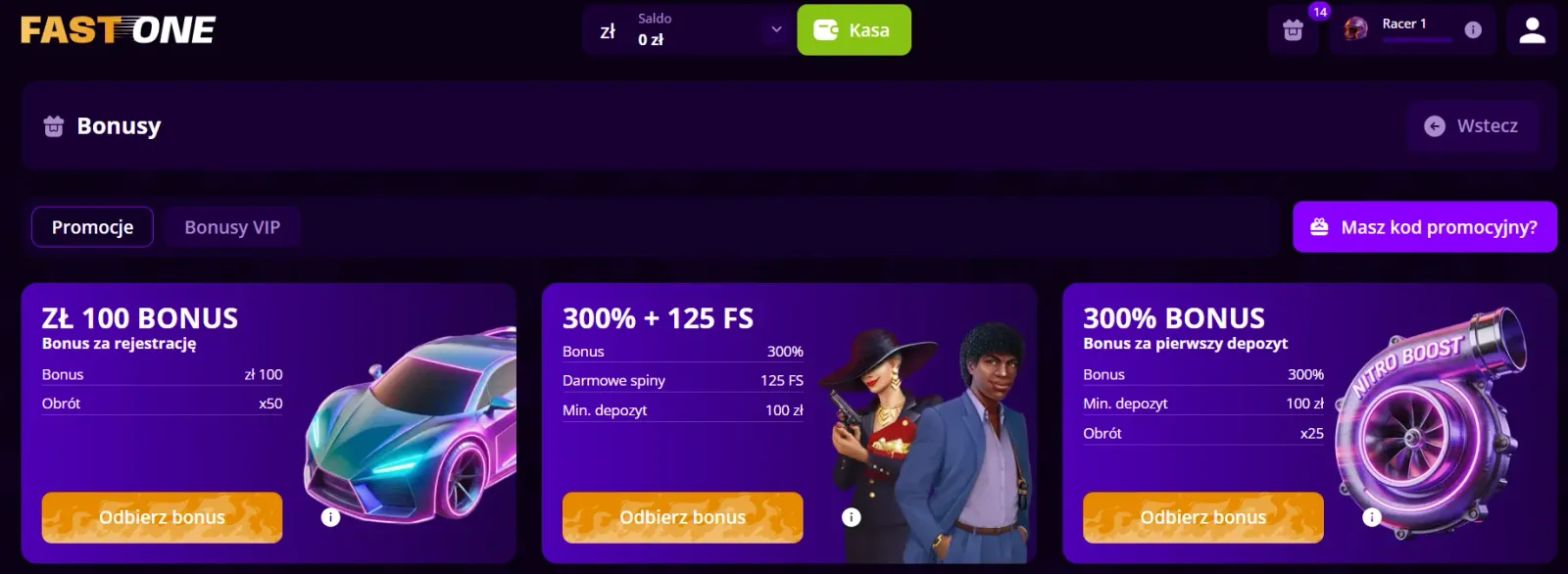 Zakładka z ofertami promocyjnymi oraz pakietem bonusów powitalnych dla graczy F1 Casino