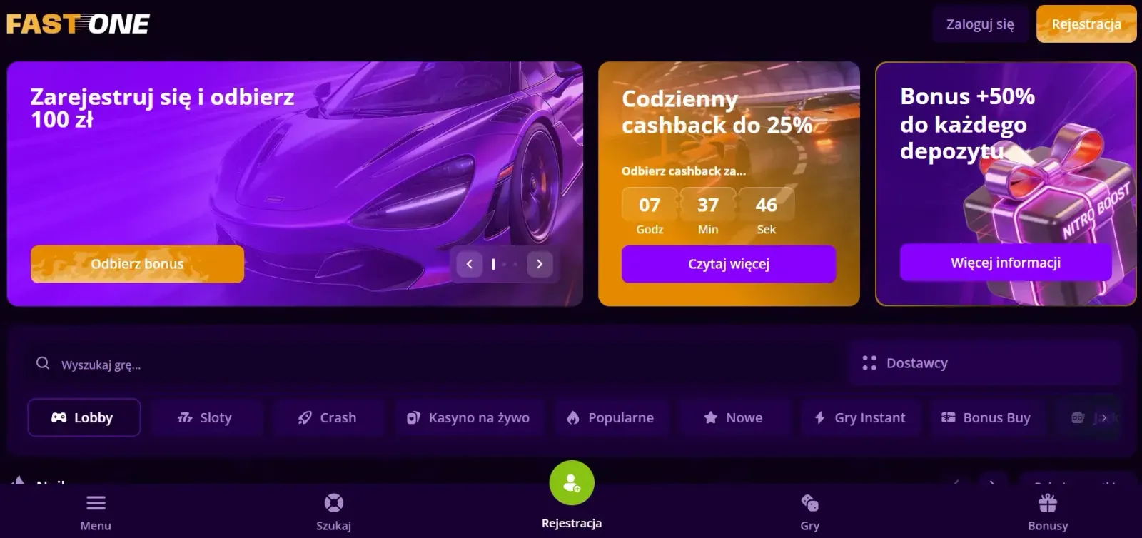 Strona główna serwisu F1 Casino z widokiem lobby oraz banerami promocyjnymi platformy